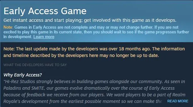 Steam cảnh báo người dùng nếu trò chơi Early Access không được cập nhật gần đây