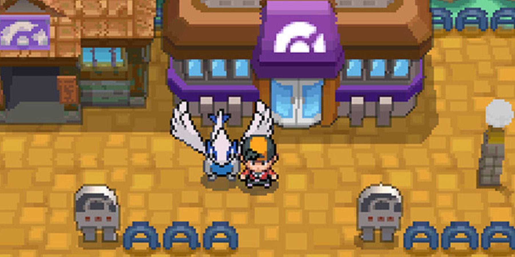 Người chơi sử dụng tính năng đi bộ cùng Pokémon với Lugia trong Pokémon HeartGold hoặc SoulSilver.