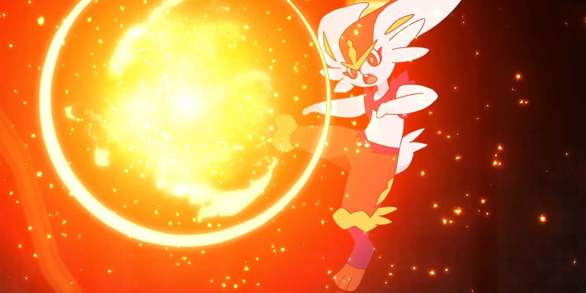 Cinderace using Pyro Ball in the Pokémon anime.