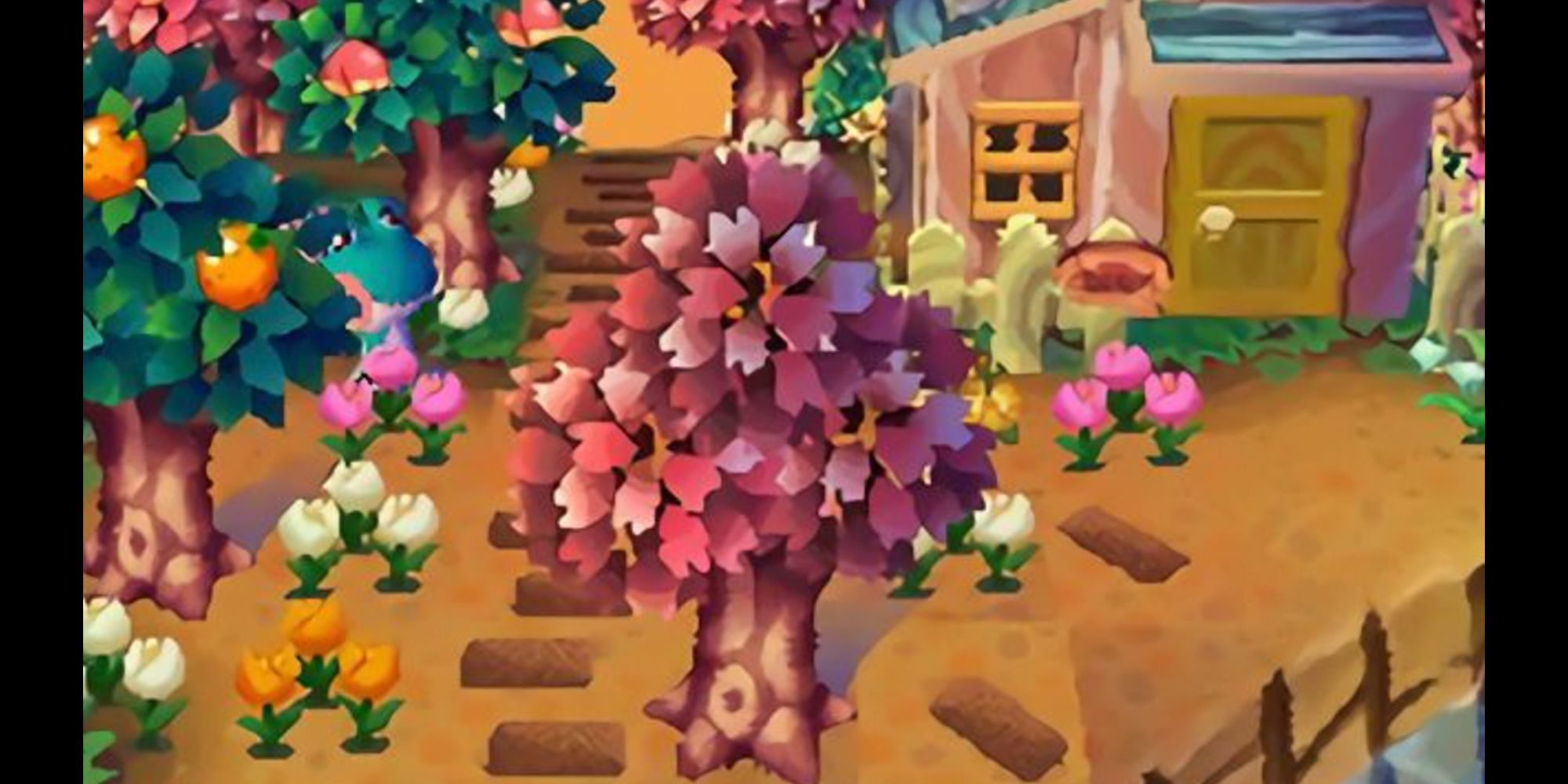 Lily đi dạo giữa vườn hoa tulip trong Animal Crossing: Wild World.