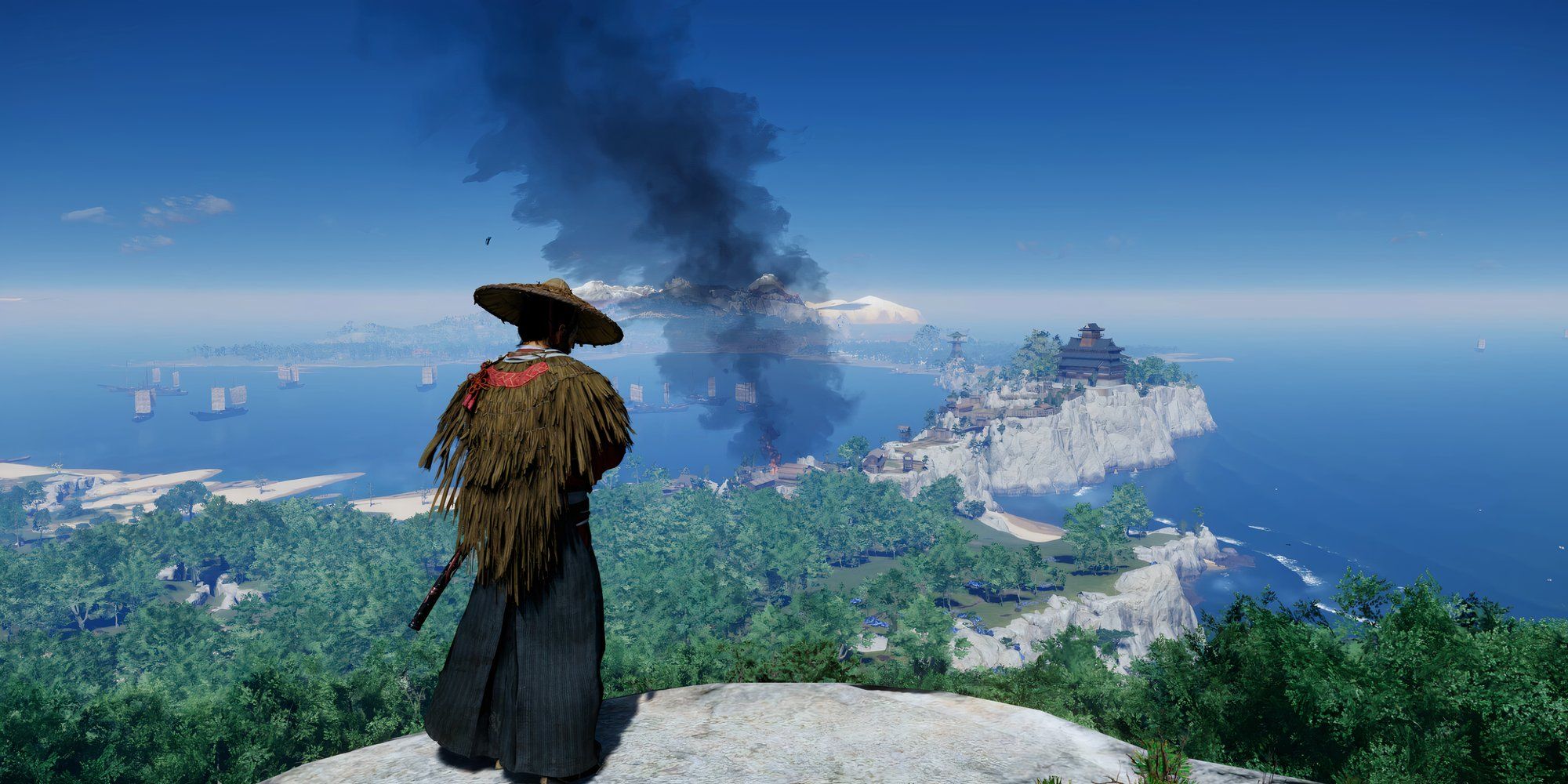 ghost of tsushima jin sakai standing on a cliff aerial view