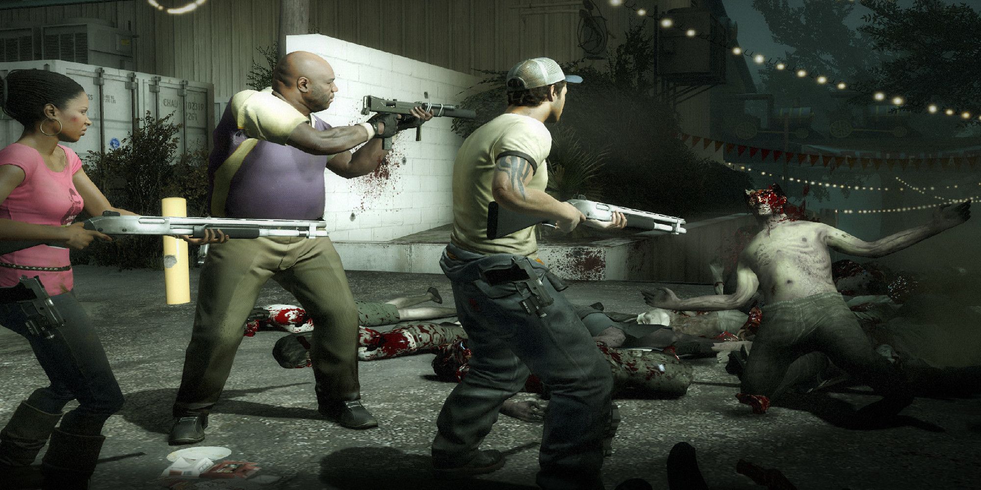 Left 4 Dead 2 Players fighting off zombies in parking lot
