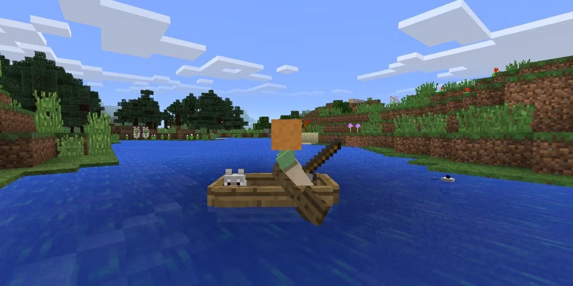 Người chơi Minecraft trên thuyền với chó.