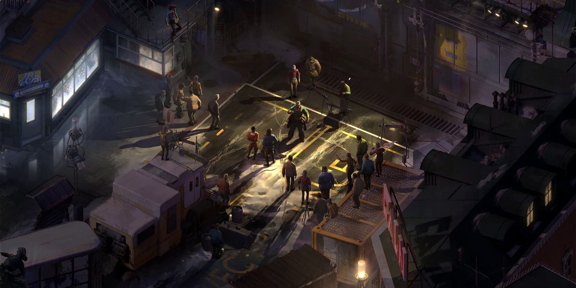 Mọi người đứng xung quanh trong bãi đậu xe trong Disco Elysium