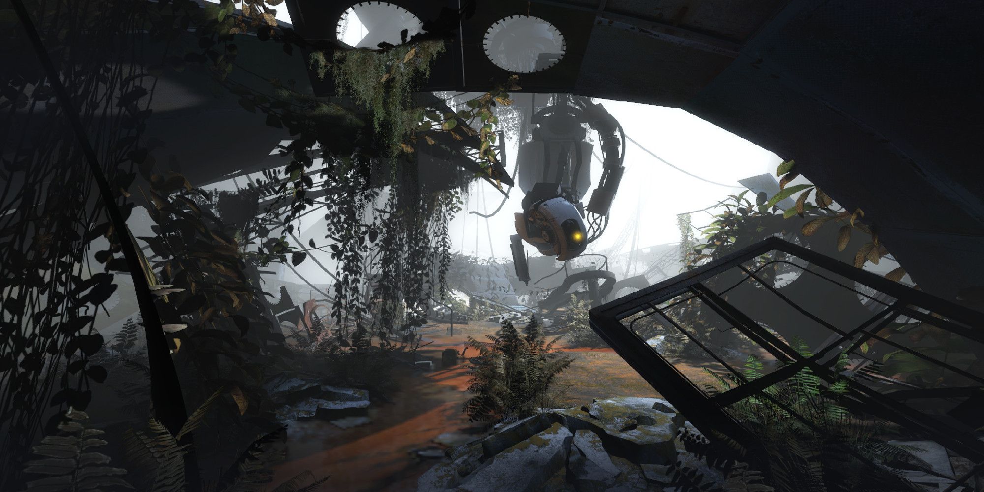Portal 2 GLaDOS hanging in ruins