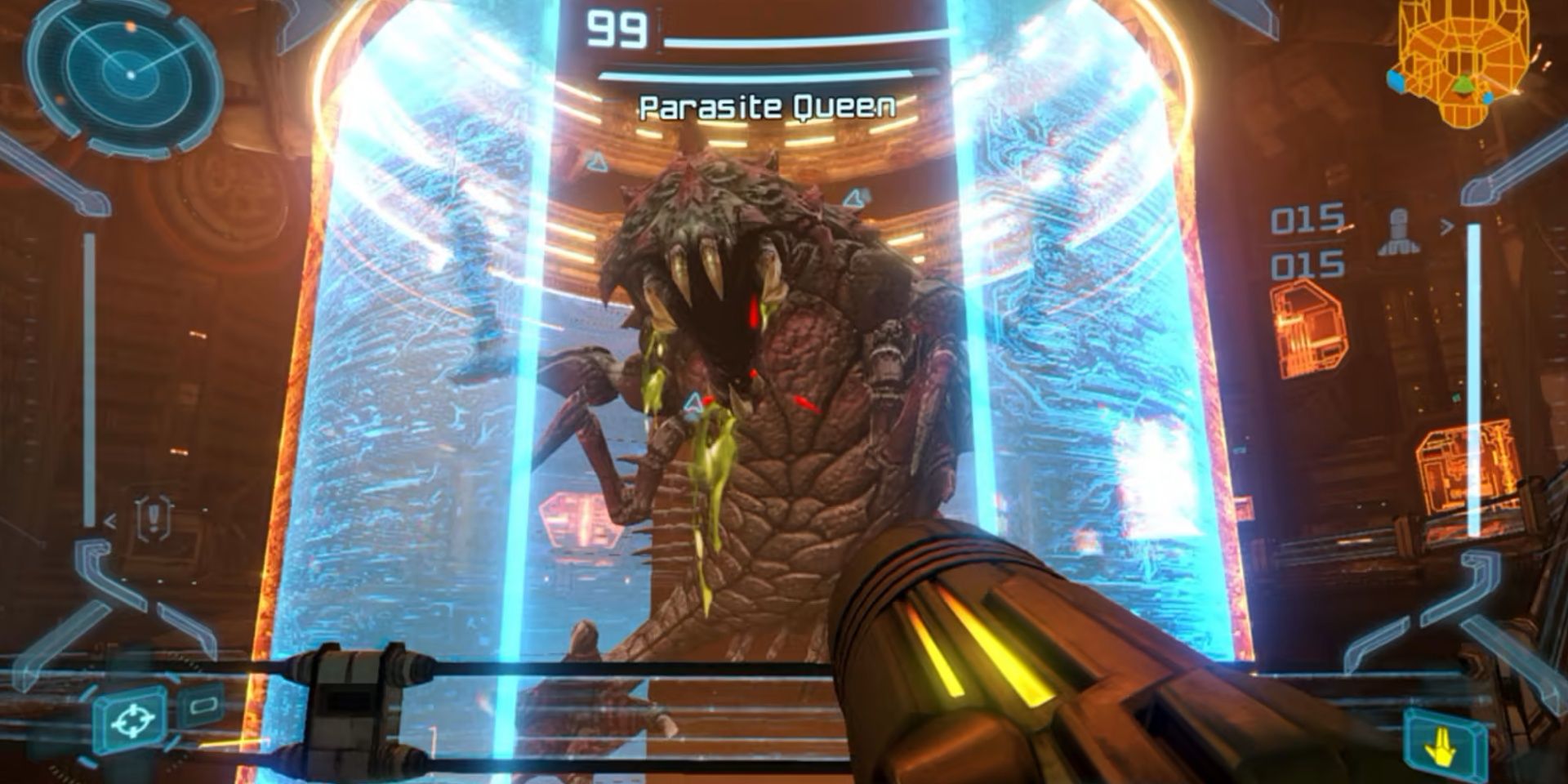Fighting Parasite Queen in Metroid Prime Remastered
