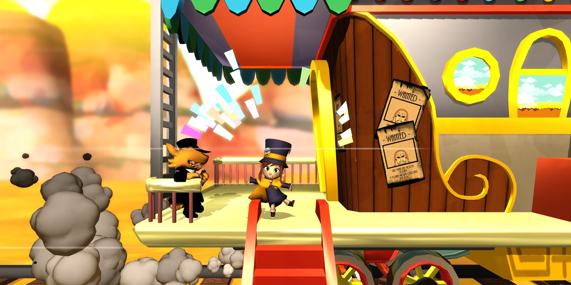 Hat Kid lands on the Owl Express in A Hat in Time