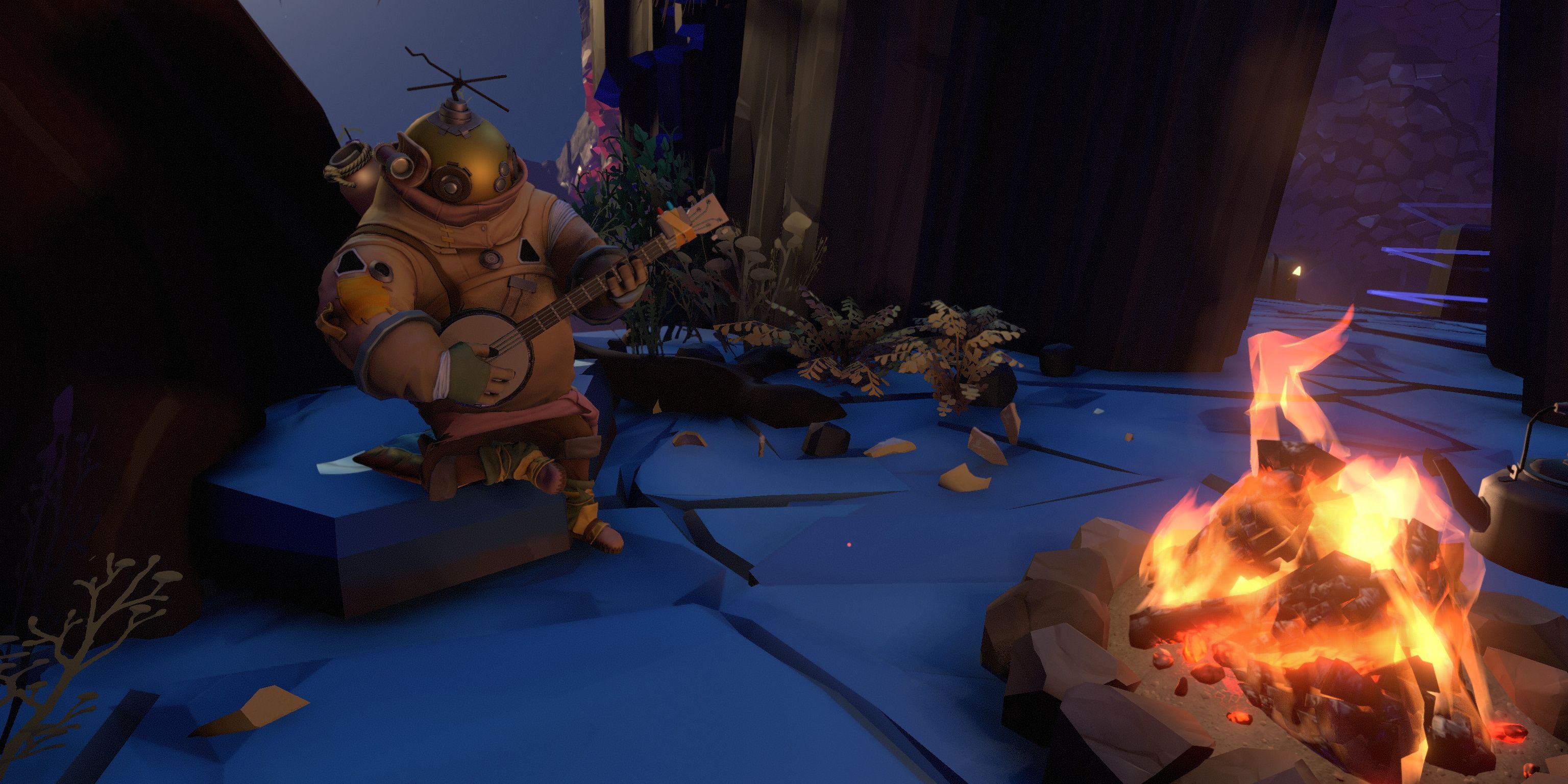 Riebeck chơi đàn banjo bên lửa trong Outer Wilds