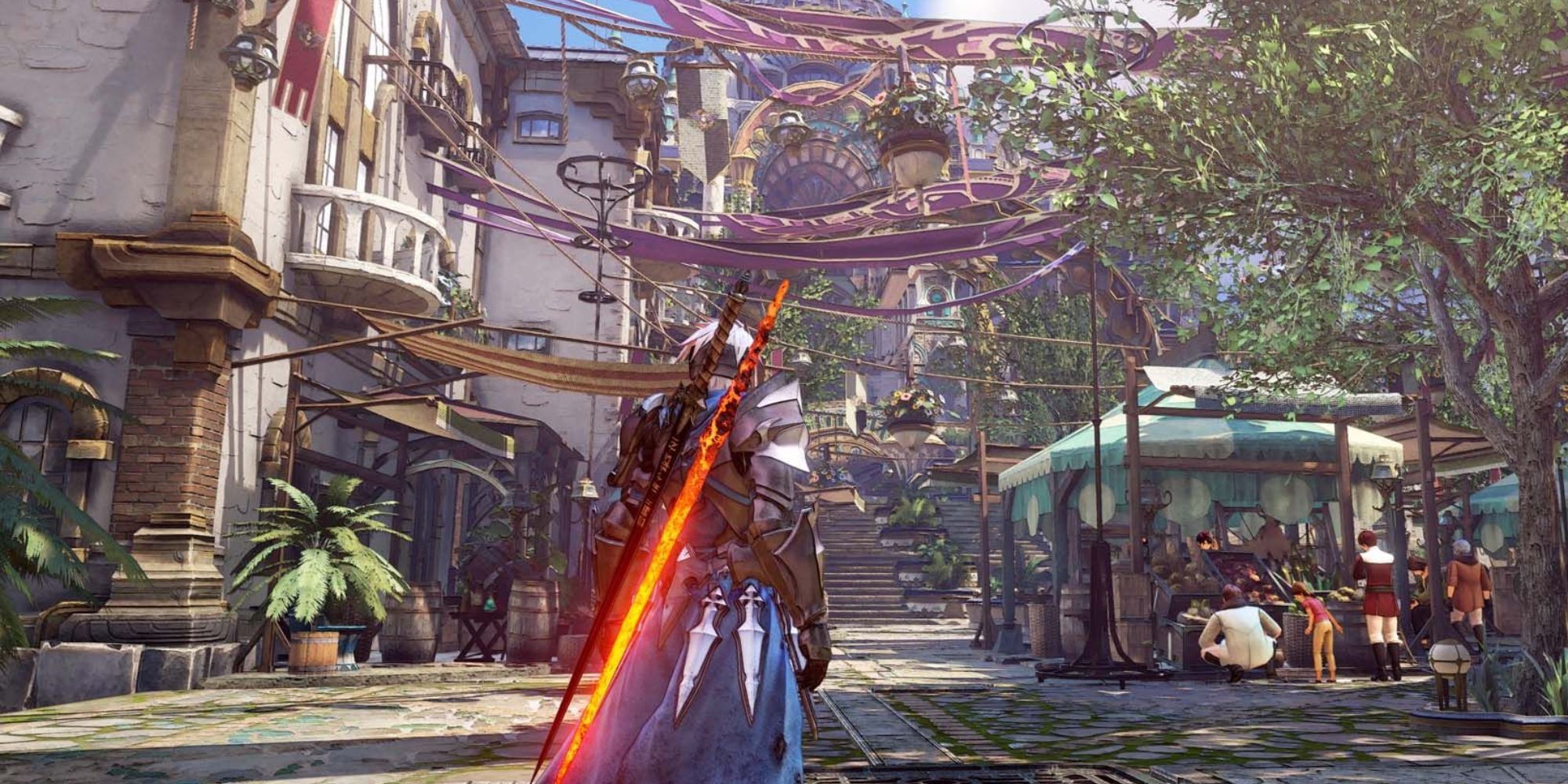 Tales Of Arise main protagonist Alphen standing in bazaar area